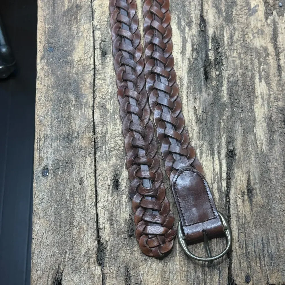 Gap Y2K Wide Braided Leather Belt Brown 3 Inch 46 Inch Adjustable No Holes